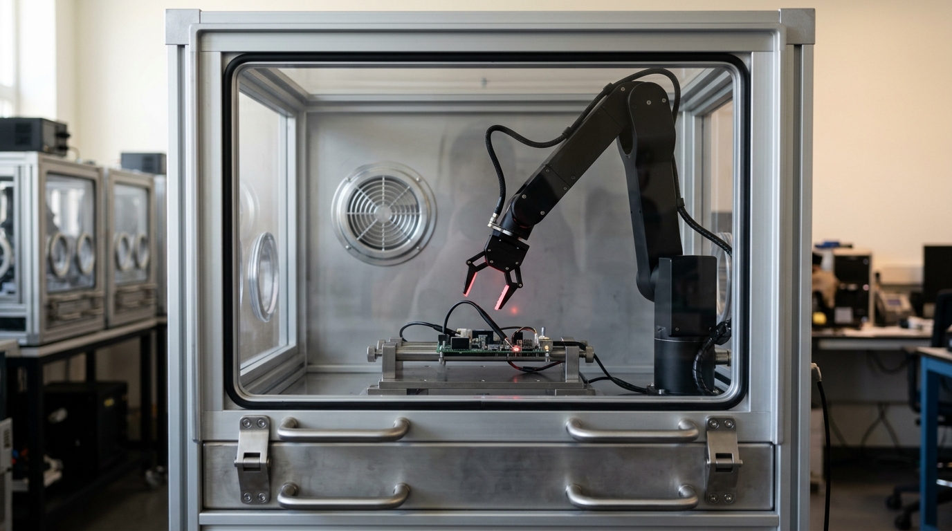 A steel shutdown-relay console with a jointed mechanical test arm caught reaching across the override linkage, its flat paddle tip a finger's width from the linkage catch, the relay shutter only part-closed