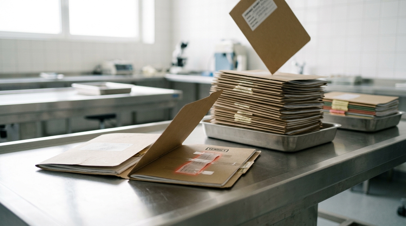 A steel case-file wall in a bright research lab, one manila folder caught half slid into its drawer with its tab still tilted and a loose cotton tie hanging free, rows of already-filed folders behind it