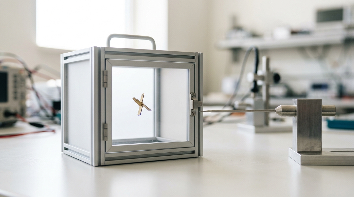 A sealed clear-acrylic test enclosure with a small trigger pin caught mid-flip inside it, a steel probe arm outside reaching toward the hatch's catch, not yet engaged