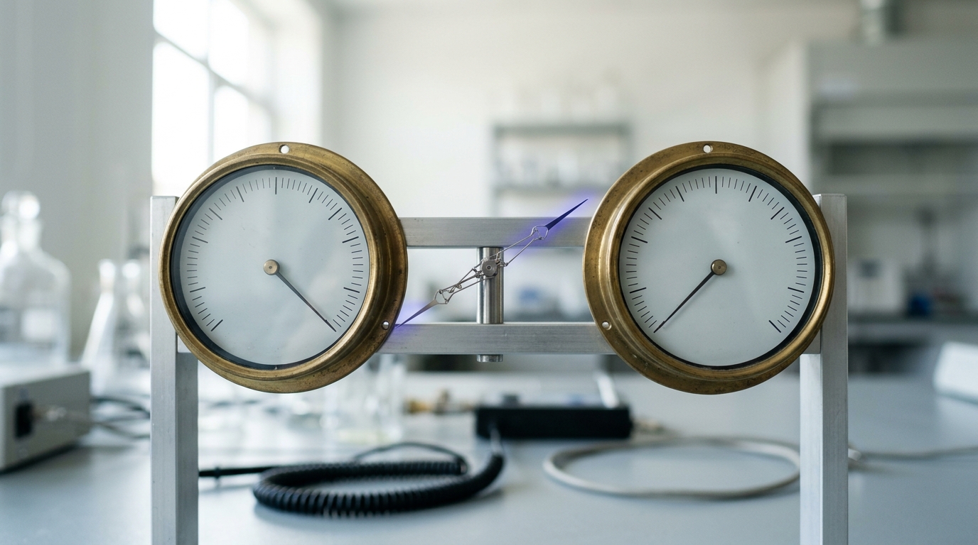A bench-mounted two-gauge comparator rig with a linked arbitration needle caught mid-swing between a weak-signal gauge and a strong-signal gauge, resting on neither