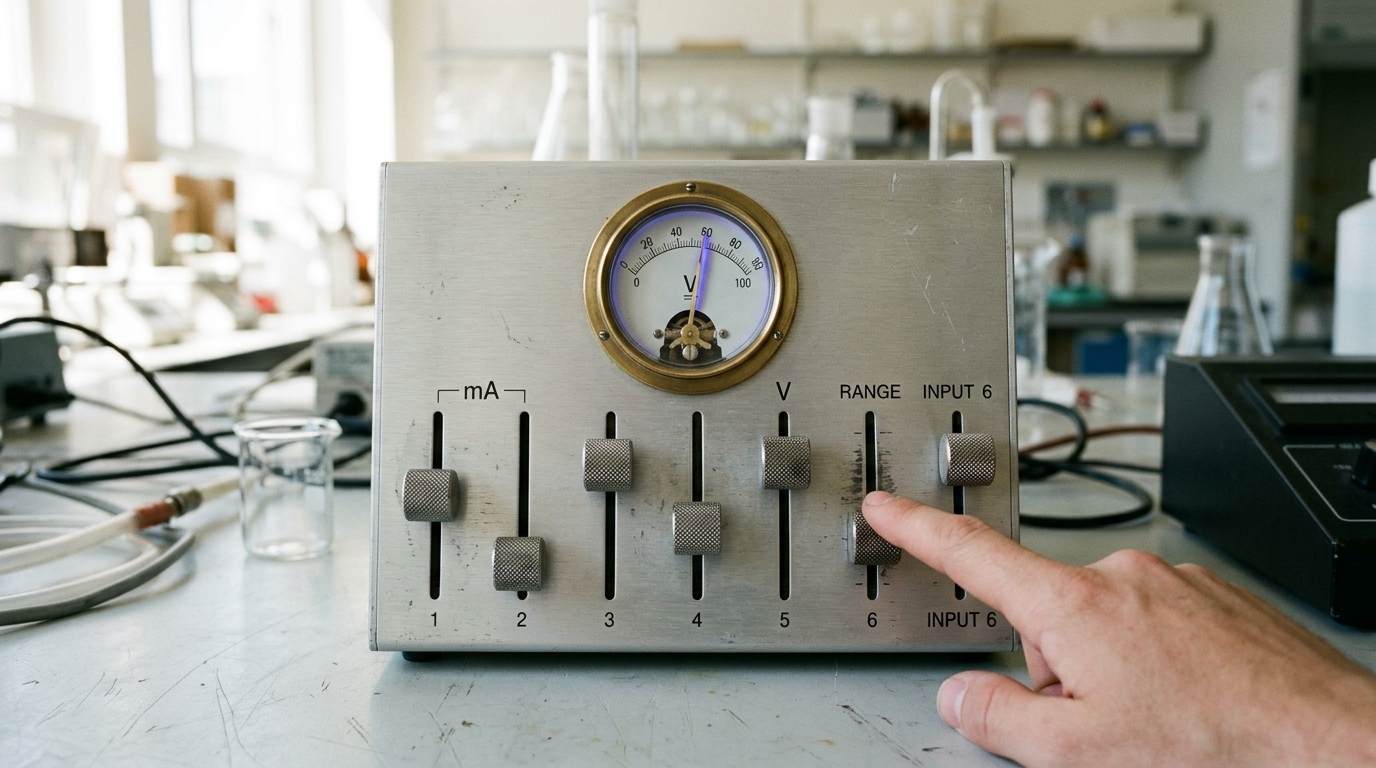 A multi-slider preference-aggregation console with several knurled steel sliders set at conflicting positions, feeding one shared output needle overhead that hangs mid-swing, unsettled