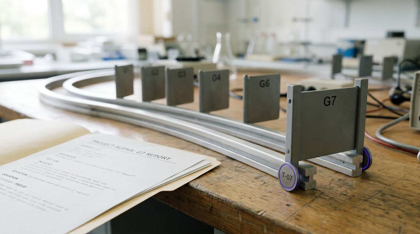 A small benchtop test track with a metal marker token caught diverting around the final gate rather than passing through it, an open case-file folder lying beside the track