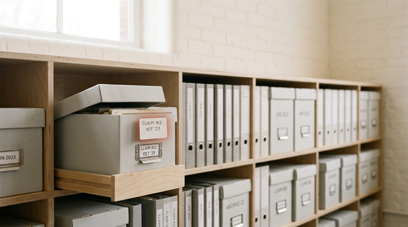 A pale shelf of archive boxes and ring binders, one box pulled half out on its runner with its lid ajar, a hand-written label tab held just above its slot on the spine, not yet pressed into place