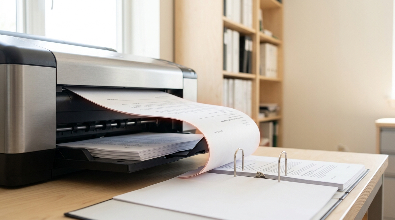 A large-format printer feeding out a freshly printed report page still curling at its leading edge, above a ring binder held open with its rings only half closed on the previous page