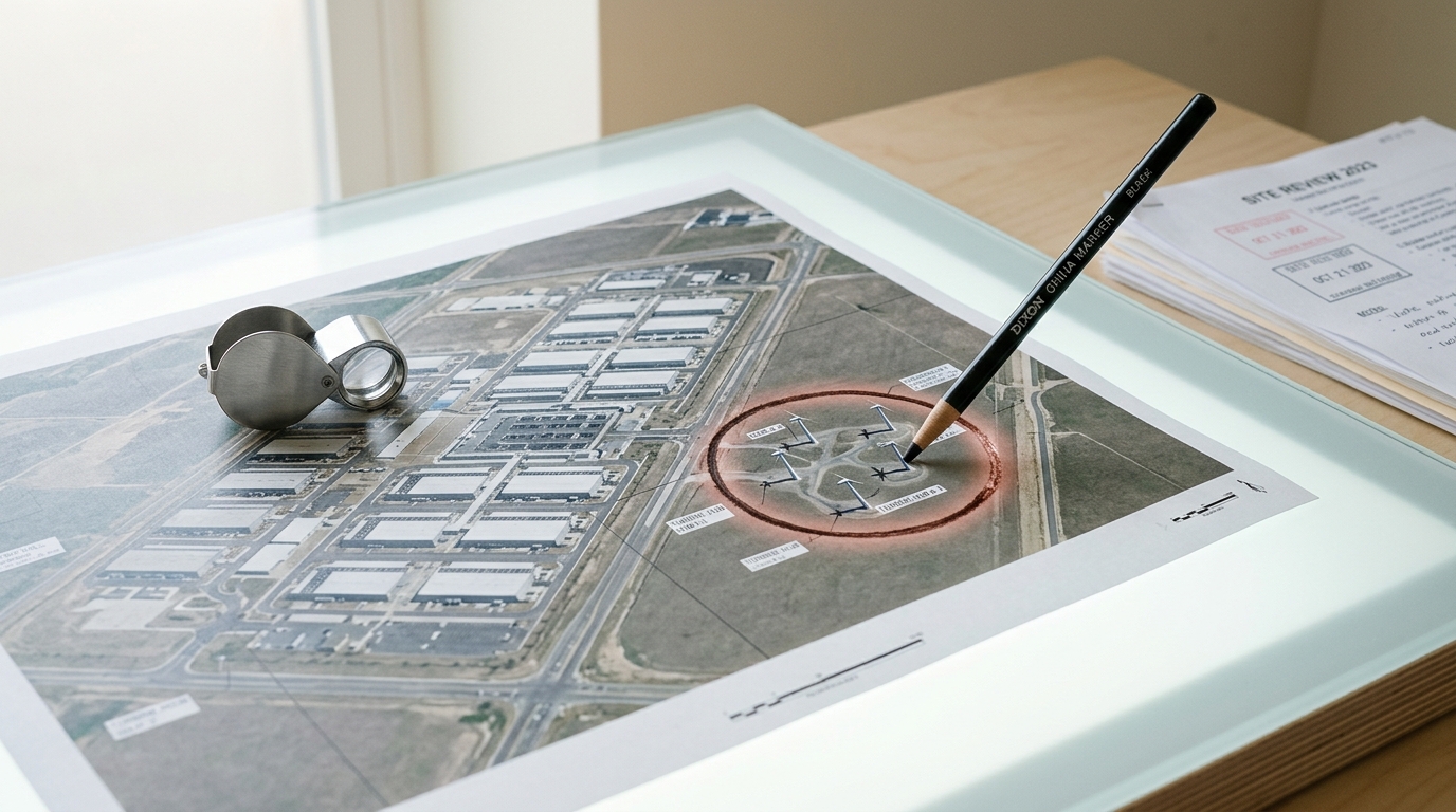 A frosted-glass light table with a large printed aerial photograph of a data-centre campus, a steel loupe resting off the image, and a grease-pencil circle just drawn around a cluster of shapes on the print