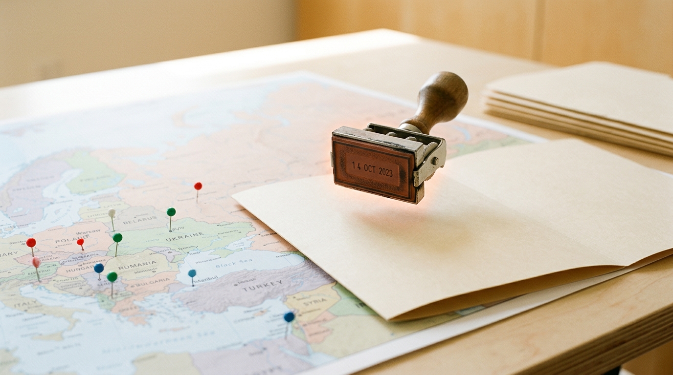 A large printed reference map spread on a table with coloured map pins marking several countries, a manila folder open beside it on one pinned country, and a rubber date stamp held just above the folder's cover, not yet pressed down