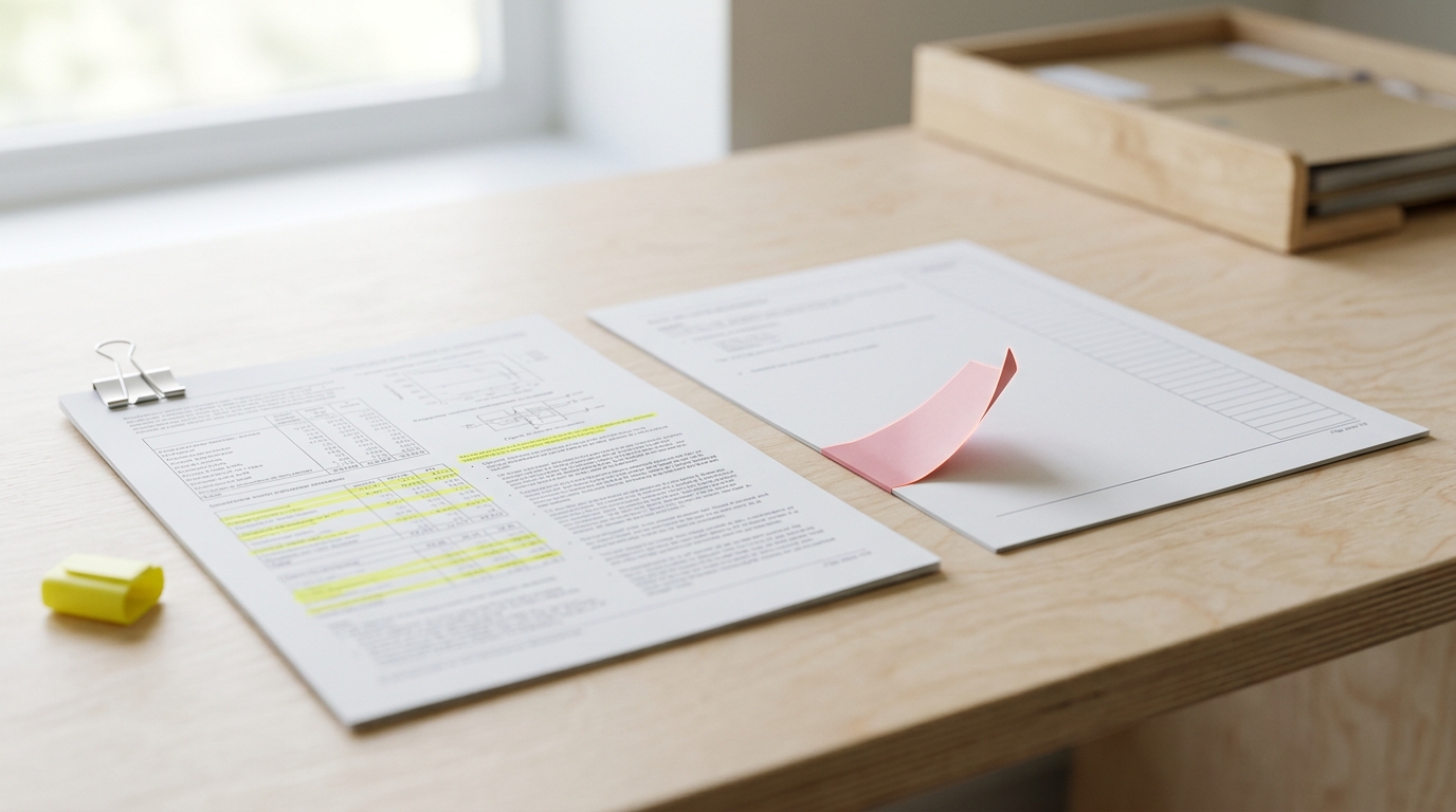 Two printed technical disclosures lying side by side on a pale desk, one dense with figures and marked in highlighter, the other comparatively bare, with a small paper flag being pressed onto its blank margin