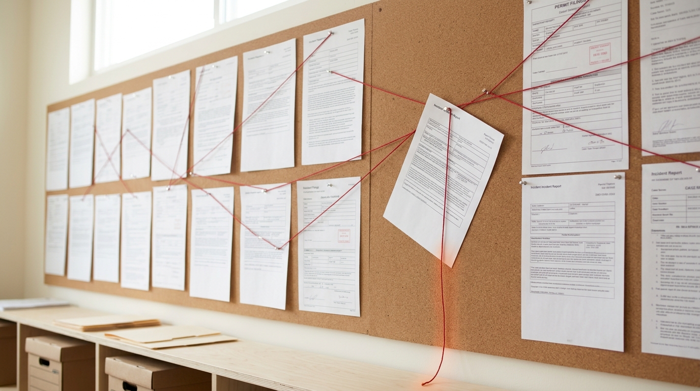 A cork evidence wall of printed incident reports and permit filings, one report caught mid-pin with a length of red string hanging free, not yet tied to any other pin on the board