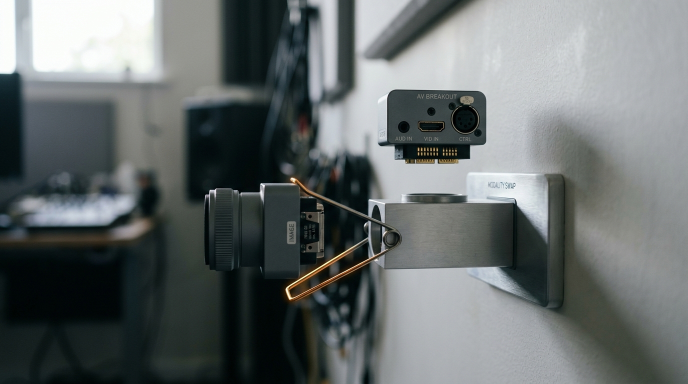 A modality swap fixture in the review room with an image-input adapter caught partway out of its socket while a separate audio-and-video breakout adapter waits poised alongside, neither yet seated in the one test rig they share