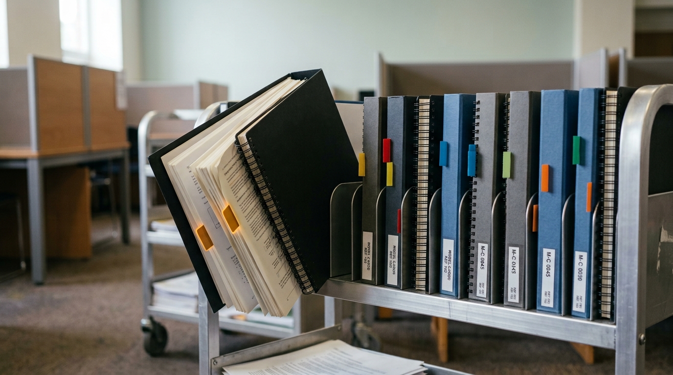 A wheeled cart of model-card binders each flagged with different coloured sticky tabs, one binder pulled half out of its slot and fanned open while the rest stand flush in their rack
