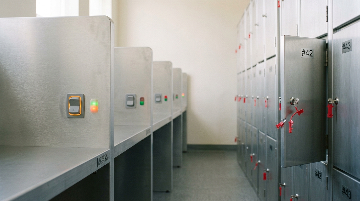 A single rating carrel's paddle switch caught mid-throw between its two voting positions, its status light caught between colours, with the neighbouring carrel's switch already settled and steady
