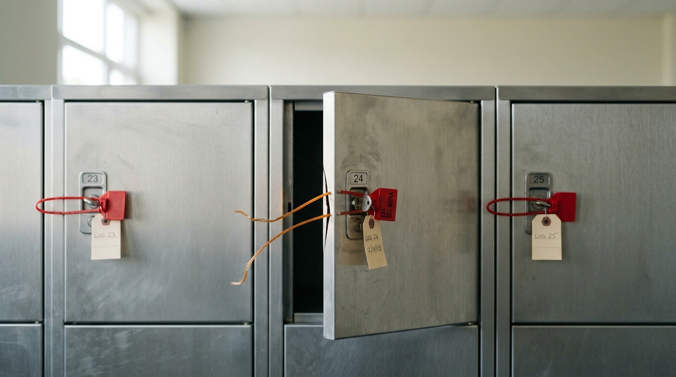 A keyed locker in a wall of held-out-data lockers caught with its door just cracked ajar, its tamper-evident zip-seal snipped and dangling from the latch, while the lockers to either side remain flush and sealed
