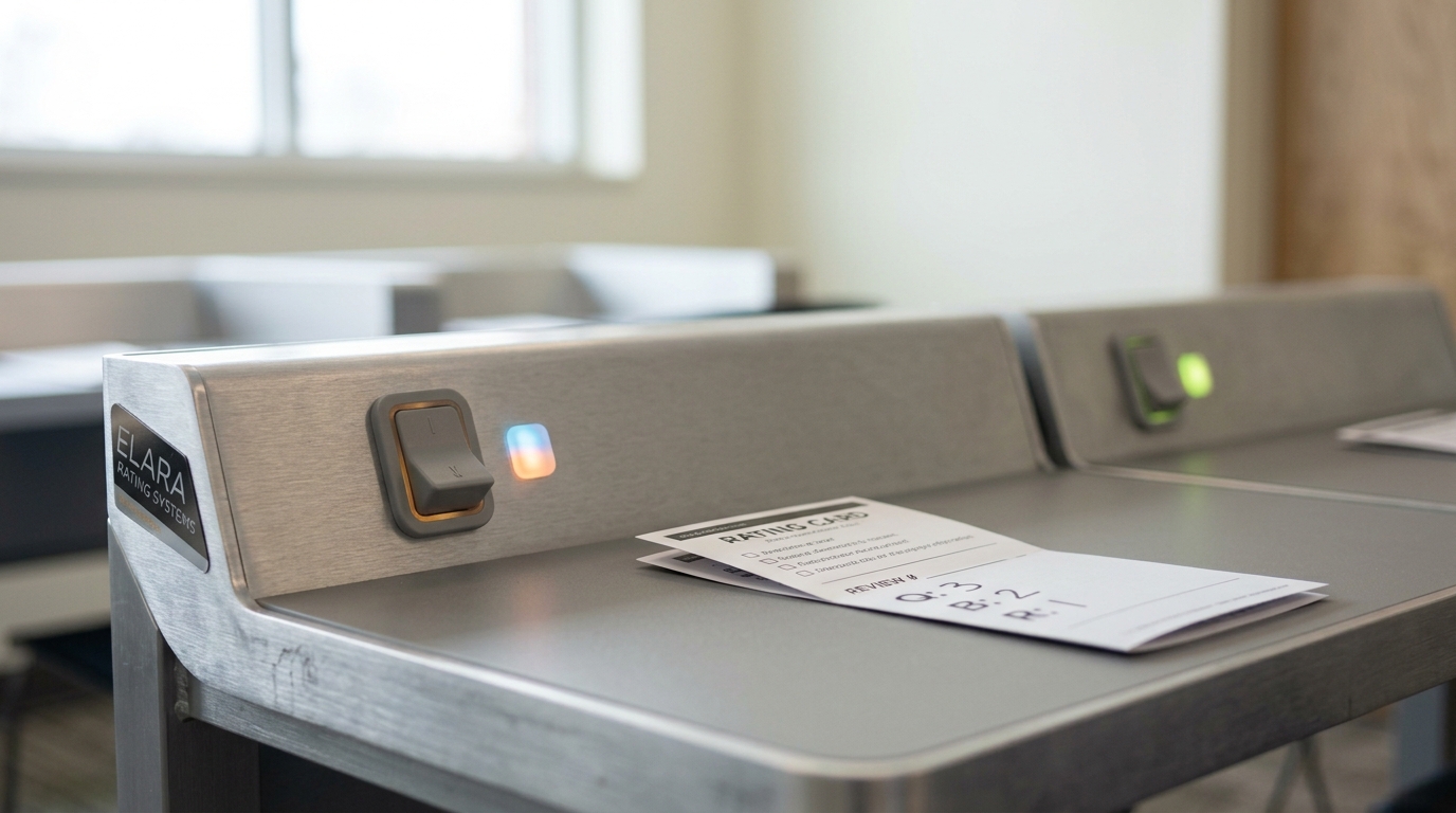 A row of individual rating carrels in a bright review room, one carrel's paddle switch caught mid-throw, with a wall of keyed lockers behind them and one locker door left ajar on a snipped zip-seal