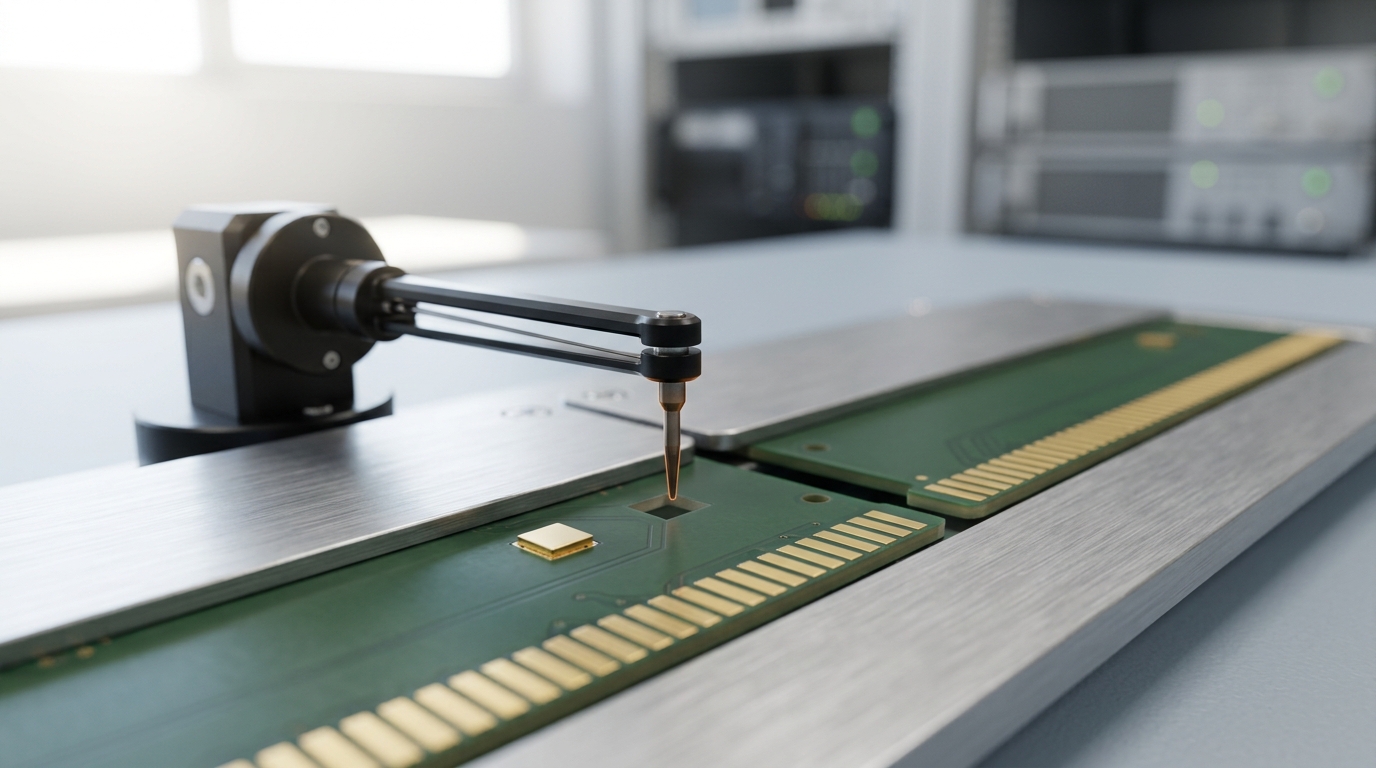 A rack of accelerator boards standing in for successive model layers, dense jumper leads linking neighbouring boards, one long lead stretched from an early board toward a distant one with its clip not yet closed