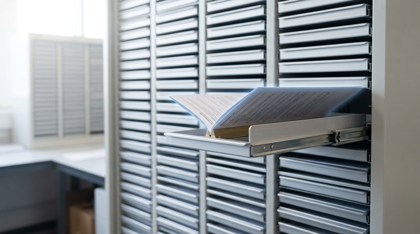 A pull-out data-card tray from a feature-validation archive rack, drawn part-way out, its single card caught just beginning to fan into two thinner leaves behind a splitting guide