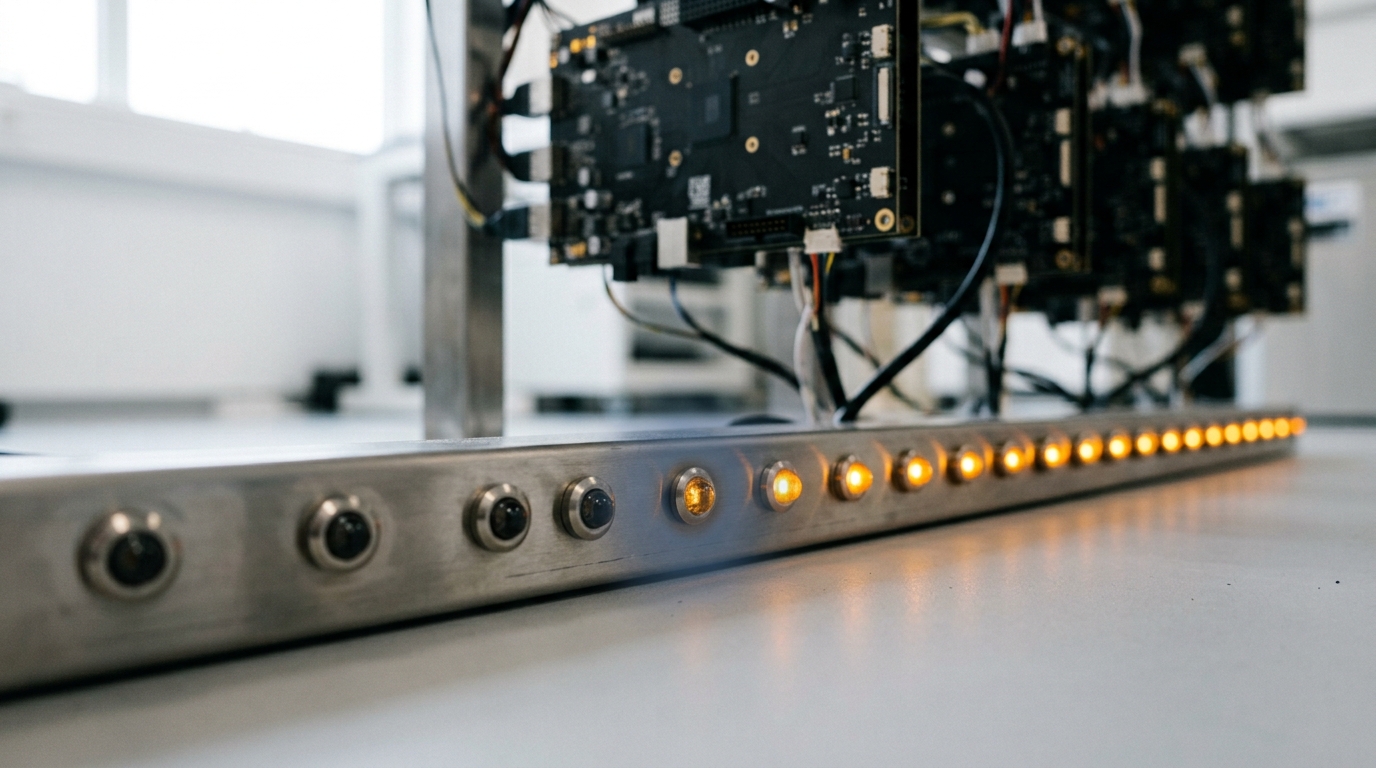 A close view along the base of a circuit-tracing rack where a run of coverage indicator lamps ends abruptly at a short unlit stretch, one boundary lamp caught flickering between on and off