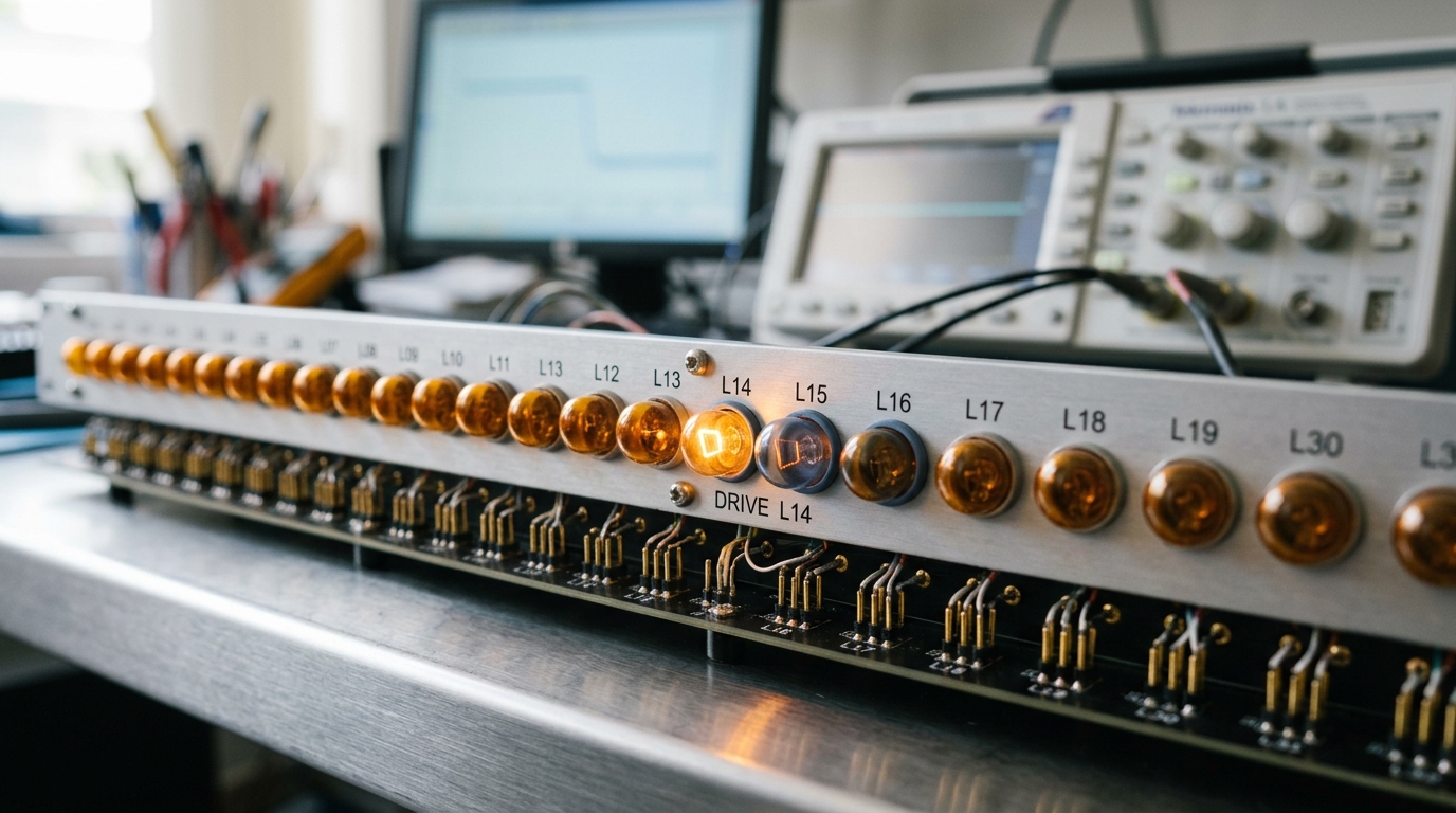 A sparse-autoencoder indicator panel where two neighbouring lamps are lit from a single driven input, one lamp already at full brightness and the other still rising, while the rest of the row shows one lamp per input