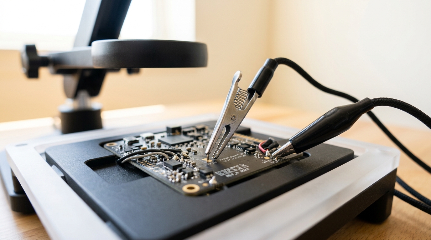 A calibration board with documented wiring and a real trained board of unidentified wiring on the same bench, a probe already seated on the calibration board and a second probe hovering just short of contact on the trained board