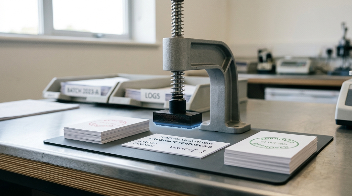A bench-mounted stamp fixture poised a hair above a printed feature-explanation card, its arm mid-descent and the card's verdict field still blank