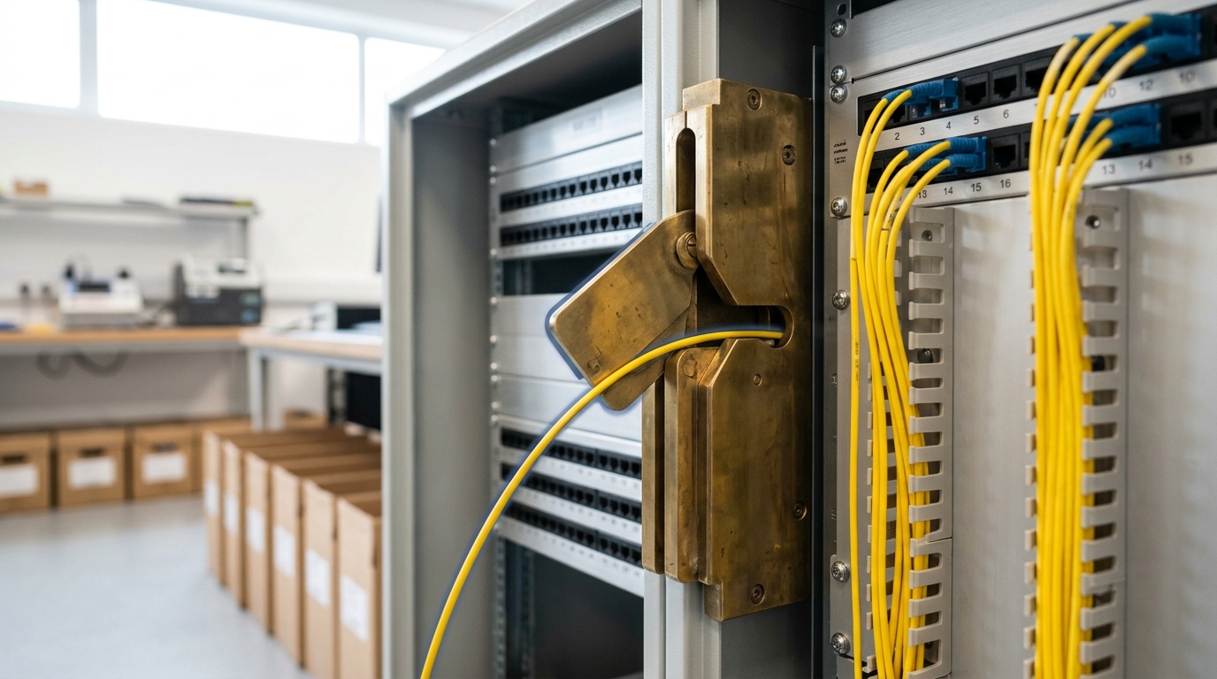 An outbound network boundary cabinet with one fibre trunk caught mid-crossing through its brass interlock gate, the gate paddle only partway swung and the internal-side patch field still visible behind it