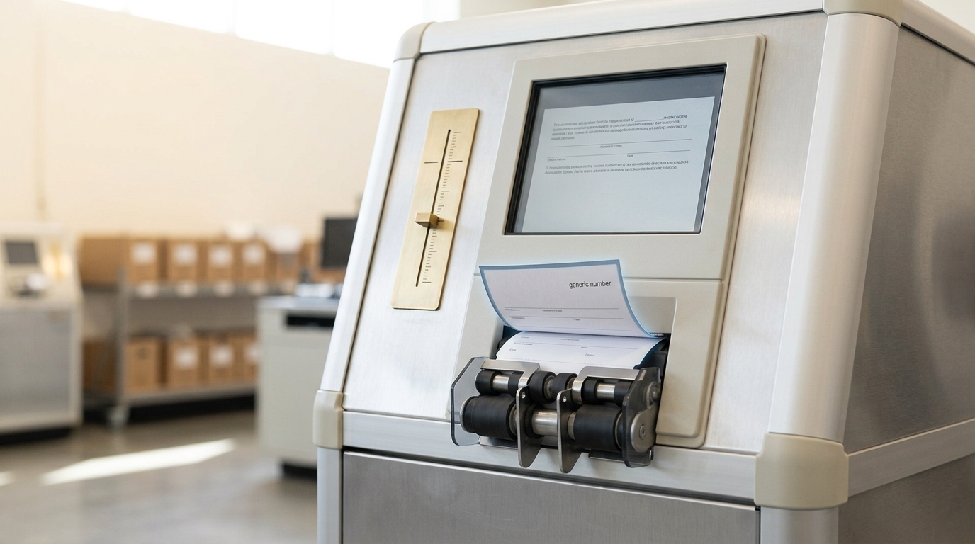 A license-gate intake kiosk with a declaration form partway fed into its printer slot and a download token curling out only halfway, the threshold placard beside it showing a scale marking well below the top of its range