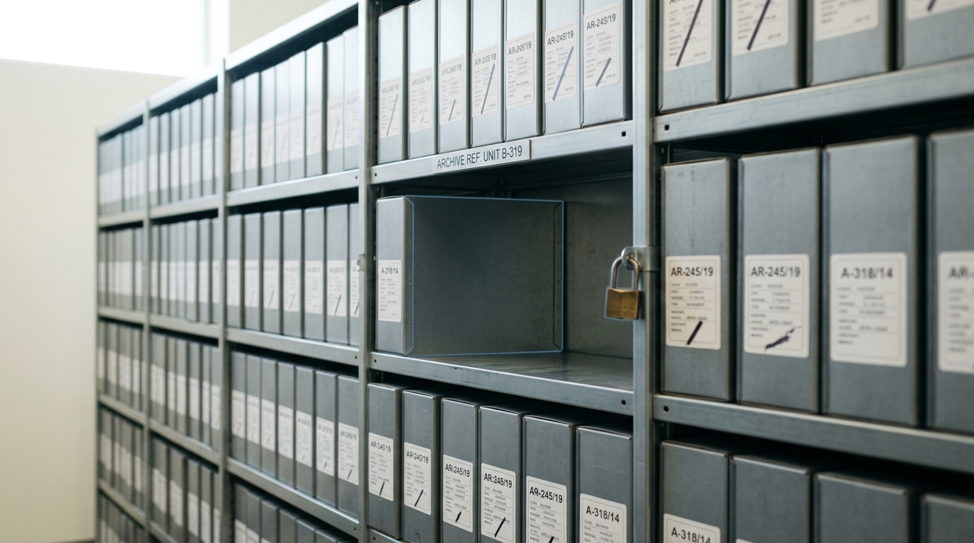 A document archive shelf of labelled weight-shard cartons standing fully filled beside one placarded slot marked for the training corpus, its small padlock still closed and its slot empty