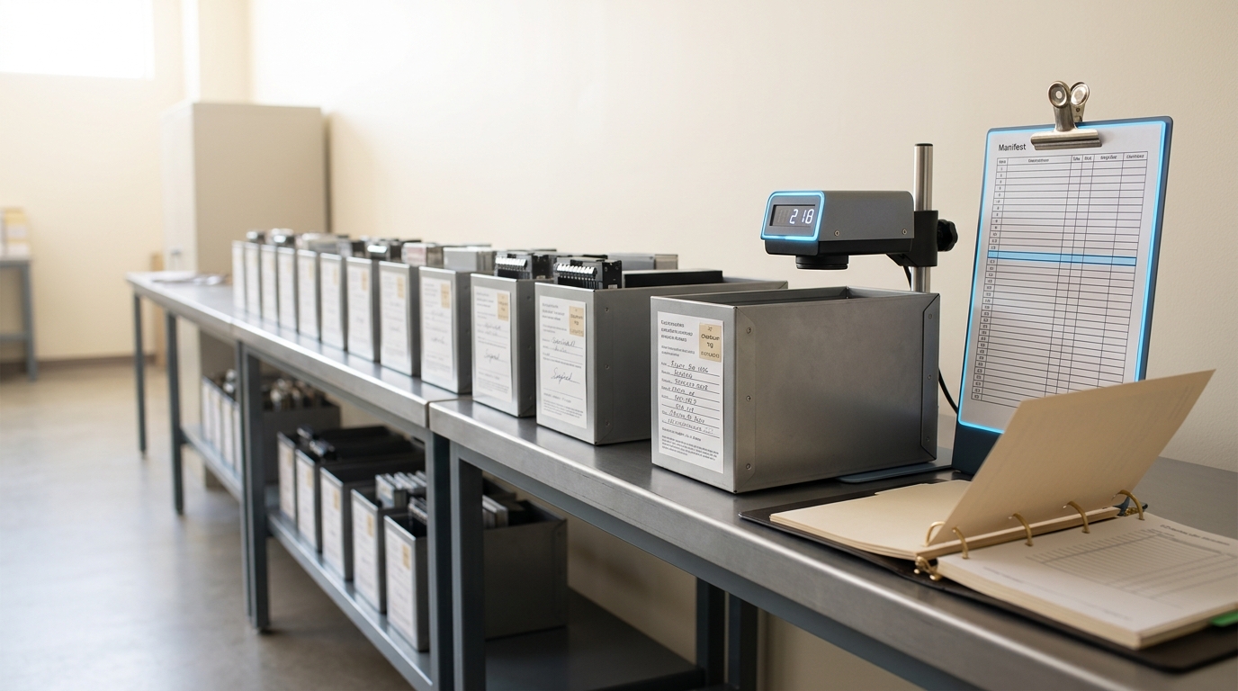 A shard-signing and manifest bench with rows of labelled weight-file cartons, one still mid-checksum on a bench scanner beside an open licence binder, its entry on the manifest sheet not yet filled in