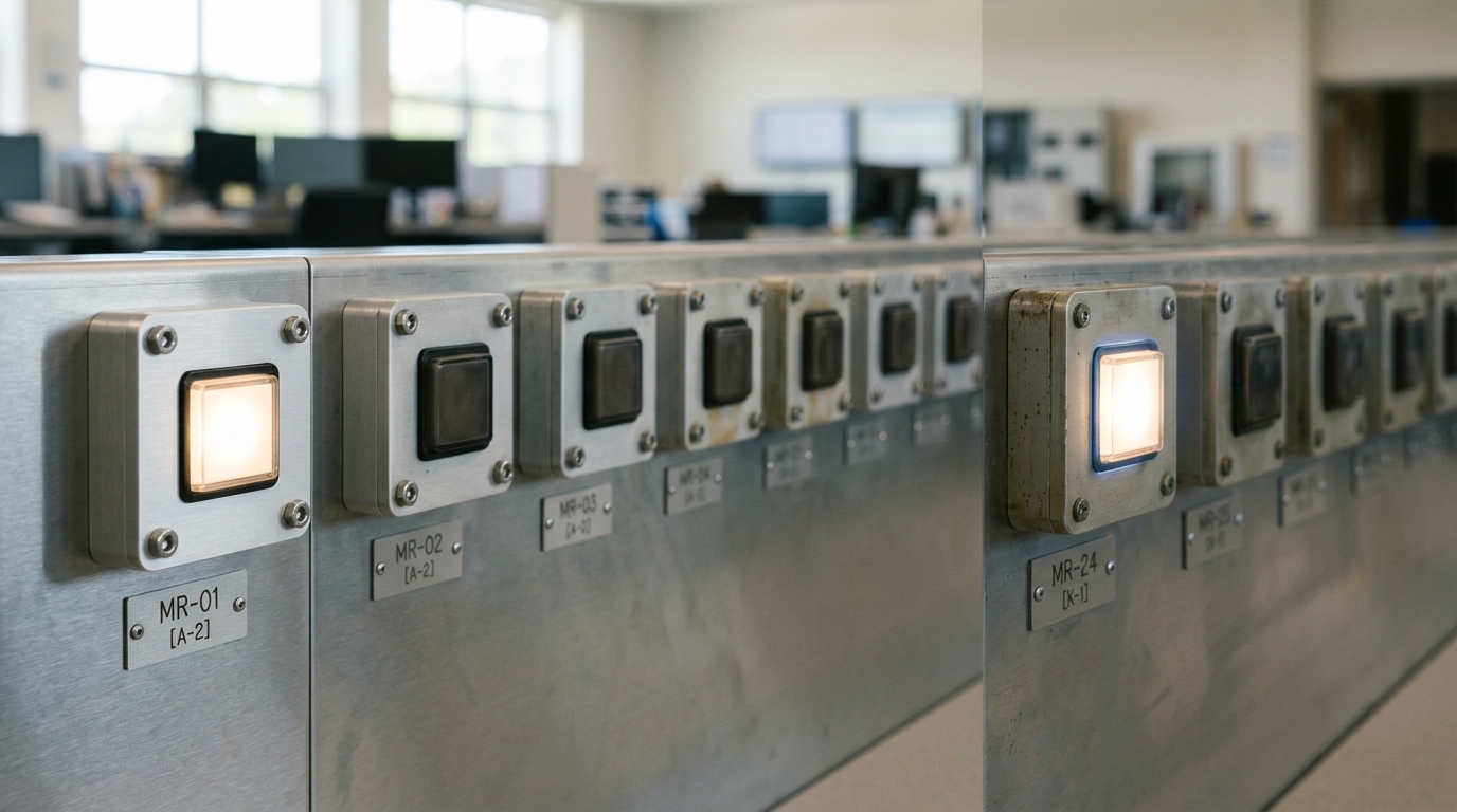 A mirror-status wall of small indicator lights for downstream checkpoint copies, most dark beside a fresh replacement unit, but one older lamp near the end of the row still lit green