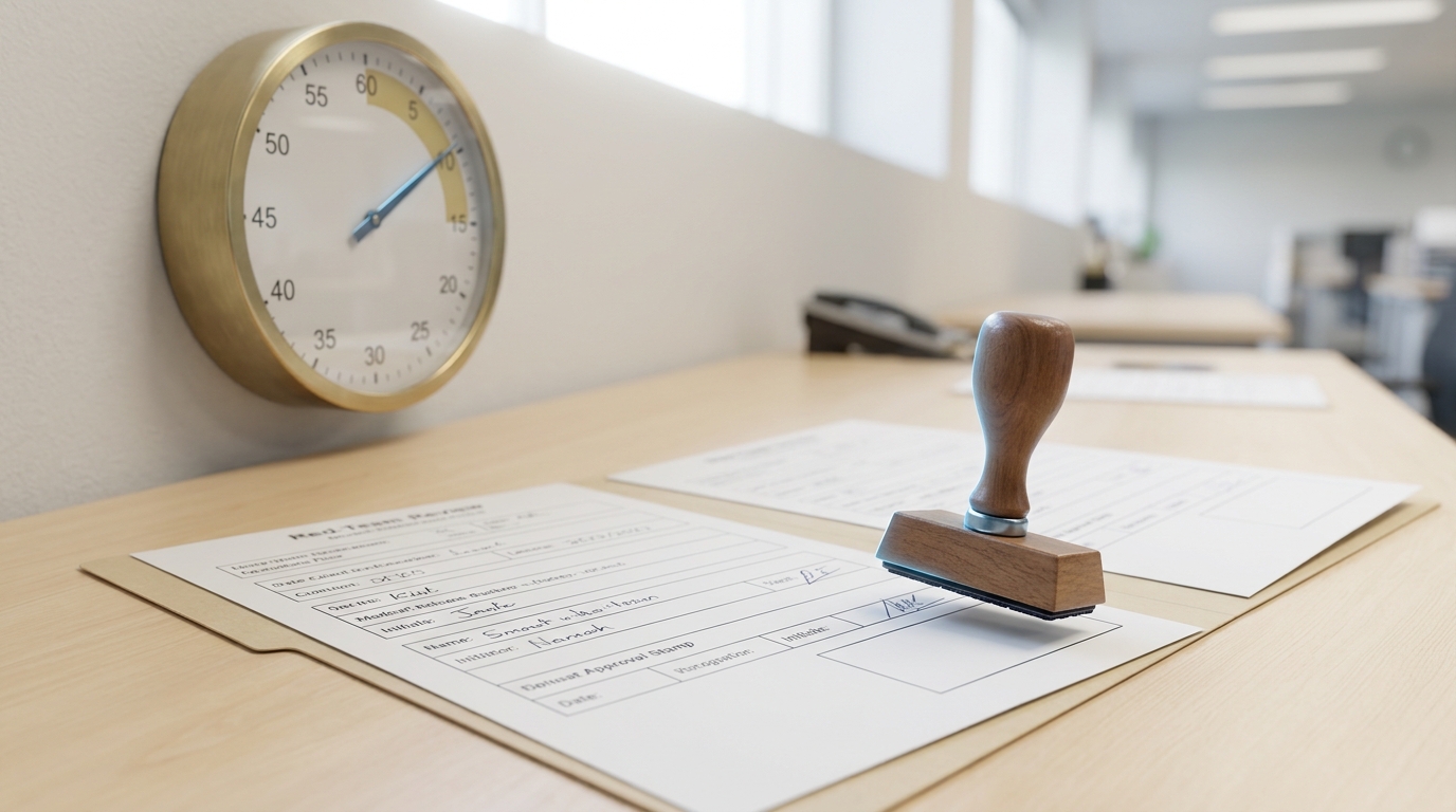 A red-team review desk with a wall-mounted mechanical countdown clock and a hand-held approval stamp held just above an unstamped field on an open review folder