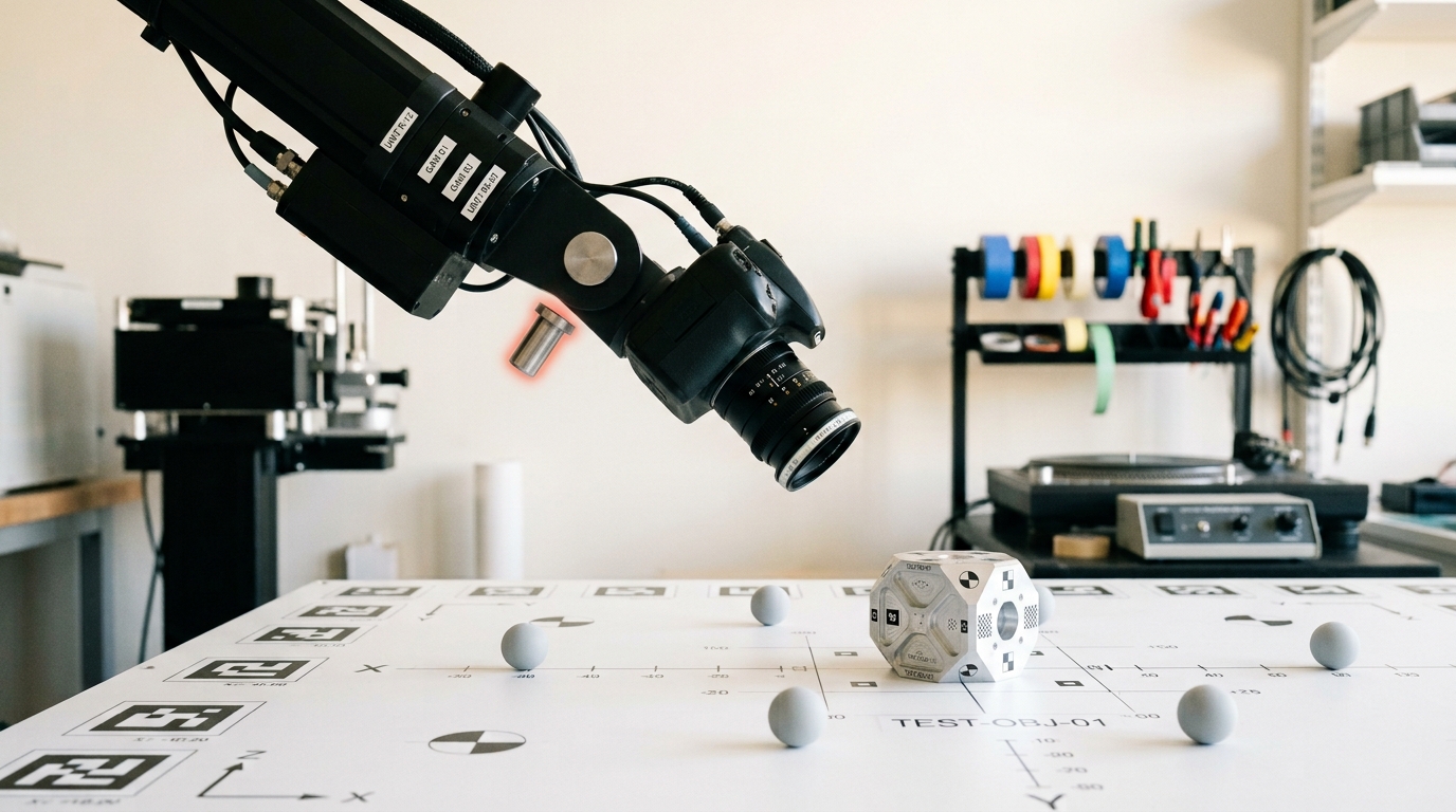 A gantry-mounted camera boom caught mid-arc toward a steep, uncommon overhead angle above a fiducial-marked test bench, its locking pin still withdrawn