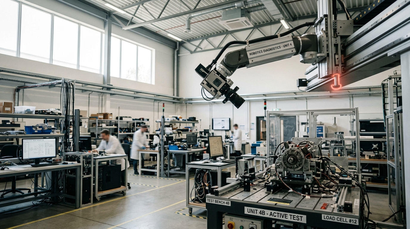 A wide view of a multimodal diagnostics lab floor with a robotic camera gantry caught mid-sweep toward an unusually high overhead angle, a turntable and satellite-speaker rig stopped mid-adjustment in the foreground, and a tape-cartridge rack and patch bay standing further back