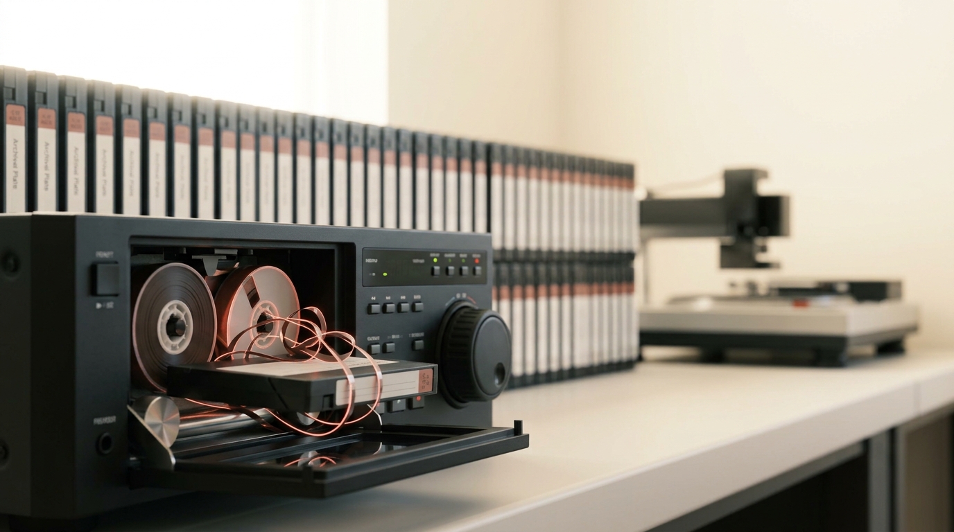 An archival videotape cartridge caught half loaded into a jog-shuttle review deck, its take-up spool only partway wound, with a long rack of identical cartridges continuing behind it
