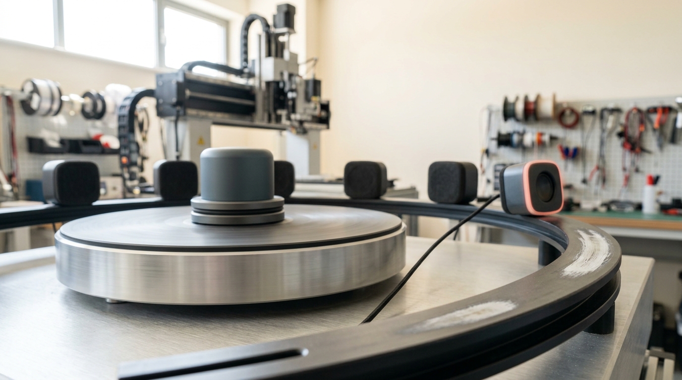 A satellite speaker caught mid-slide away from a turntable's test object along a curved rail, a worn mark on the rail showing where it used to sit