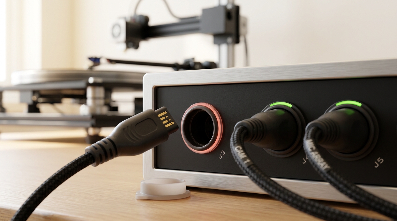 A terminal lead caught mid-approach to a patch-bay socket that has just had its dust cap removed, beside two neighbouring sockets already lit and carrying a camera and a microphone feed
