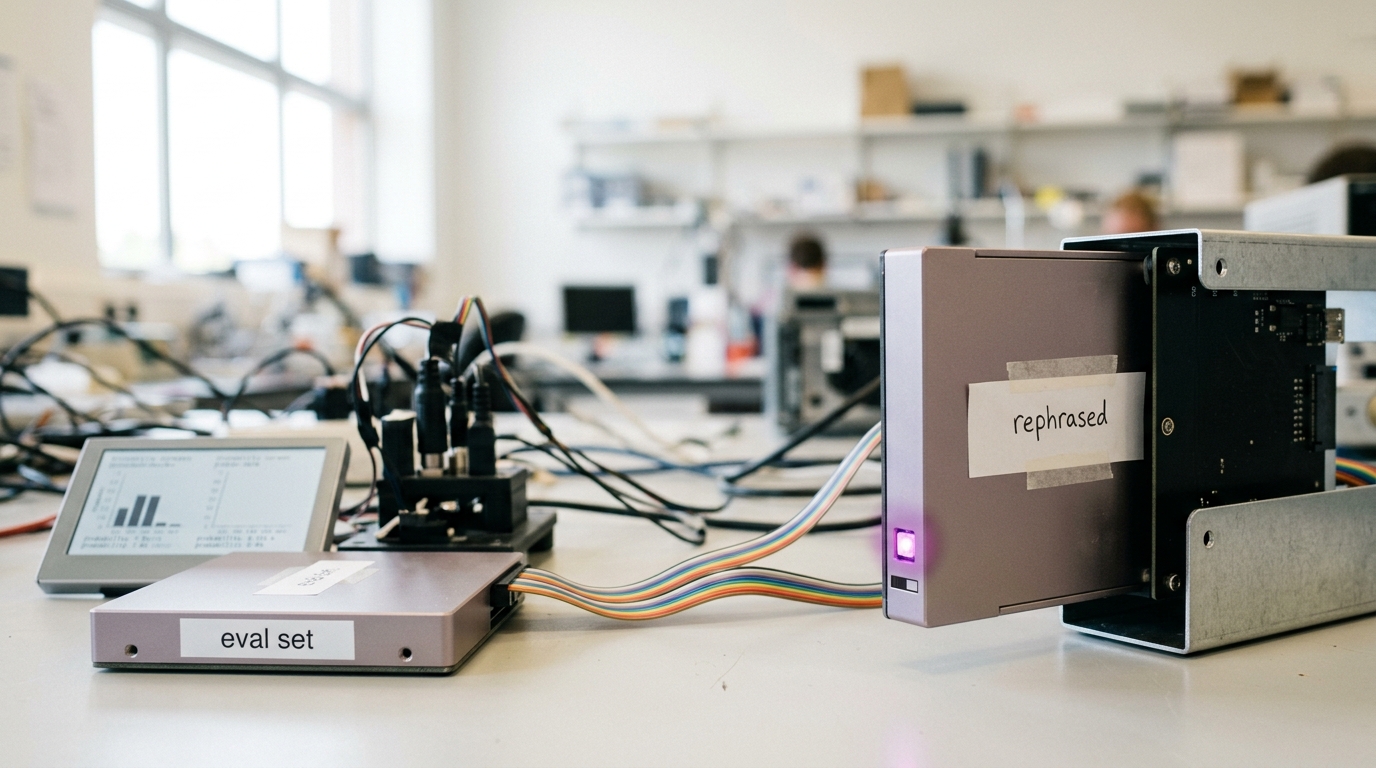 A benchmark-contamination test rig with an offline evaluation-set drive connected to a small probe unit, and a second drive caught mid-copy holding a rephrased variant of the same set