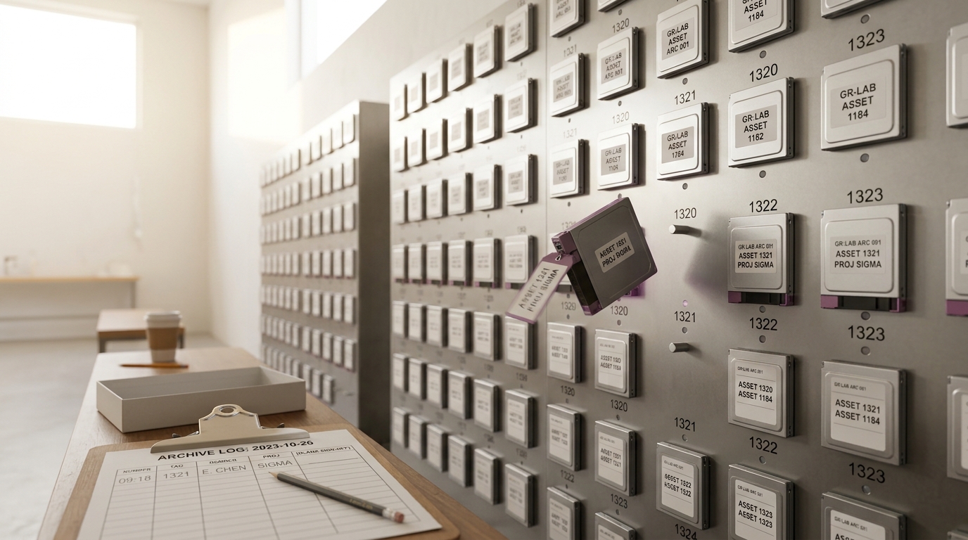 A chain-of-custody archive wall of numbered pegs holding tagged archival drive caddies, with one caddy caught lifted just clear of its peg and the peg beneath it standing empty
