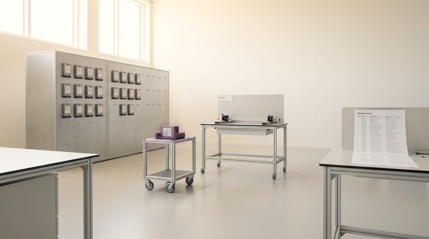 A wide view of the governance research lab with the archive wall, the reversal bench and the audit desk all visible at once, one drive caddy caught in transit on a small trolley between stations