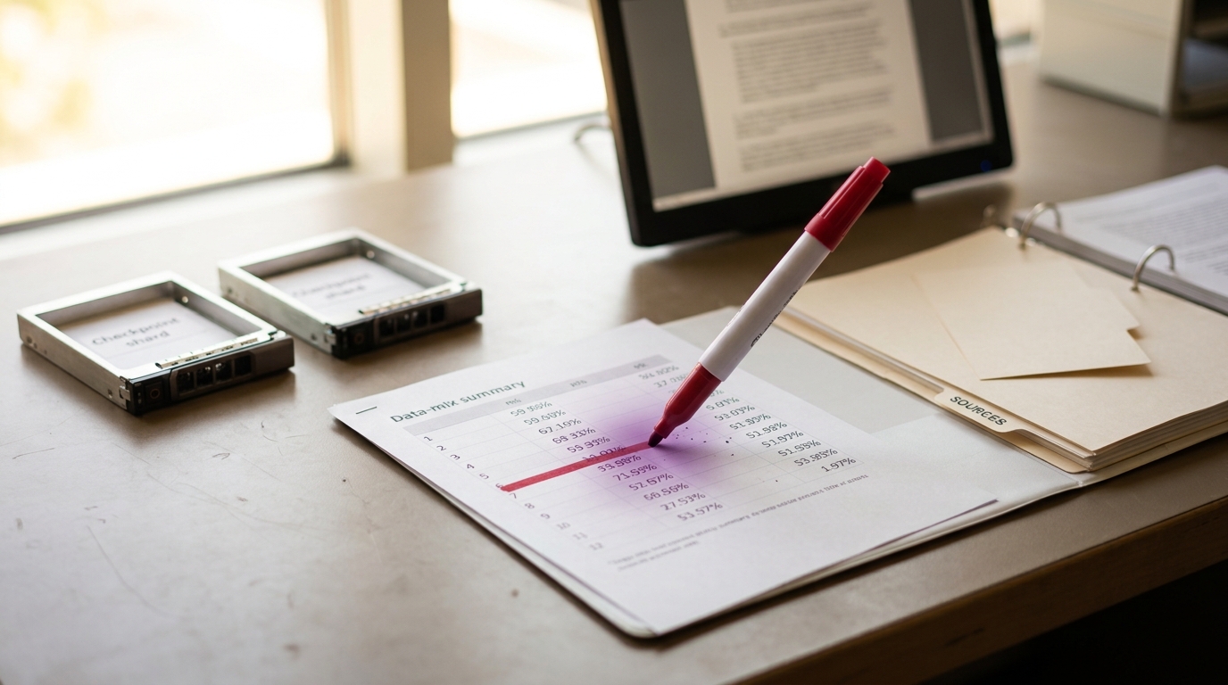 A reproducibility-audit desk with two checkpoint drive caddies side by side, a printed data-mix summary sheet, and an open binder whose tab is labelled sources with nothing filed behind it