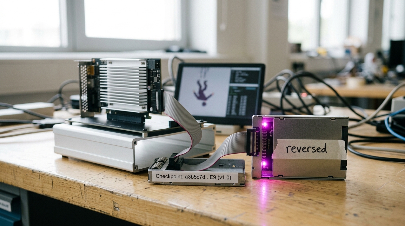 A bench-top fine-tuning-reversal rig with a single accelerator card on a riser mid-job, one drive caddy marked as the released checkpoint and a second caddy mid-write as the reversed copy with its activity light lit