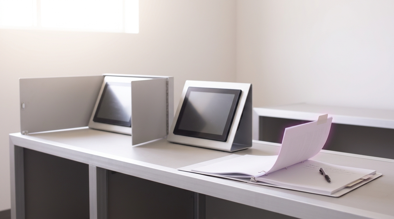 A dual-path deployment-review console with two low oblique screens, one behind a plain gated-access panel and one fully exposed, and a review binder caught mid-turn on a page flagged with a paper tab