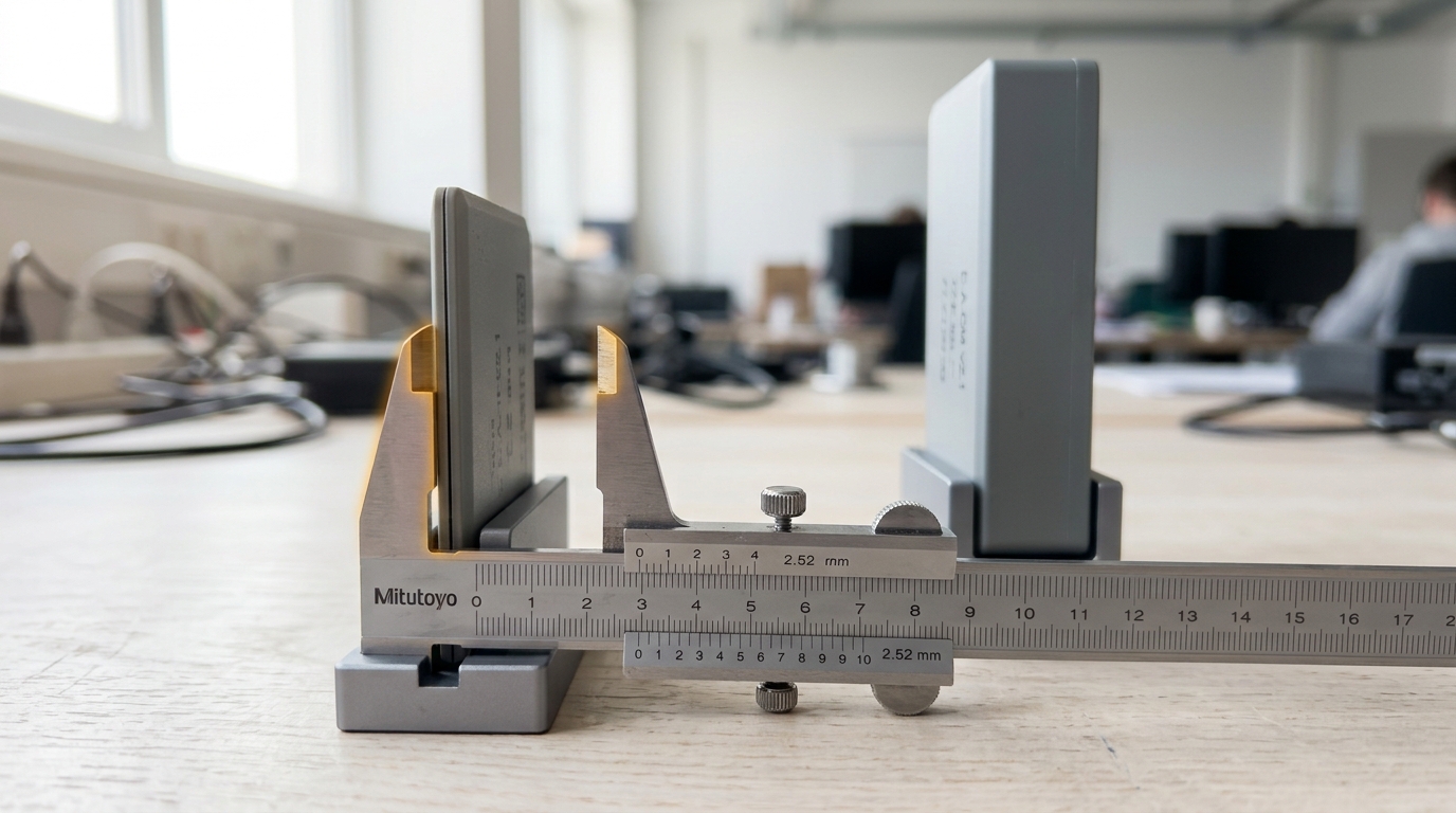 A brushed-steel bench caliper closing on a thinned compressed module standing beside its thicker full-size original, the jaws caught just short of touching the thinned module's edge
