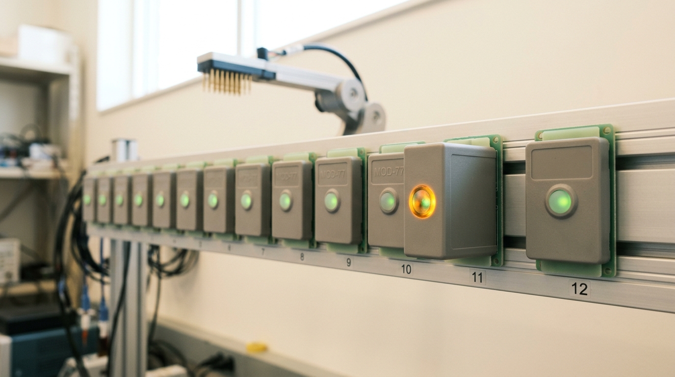 A backplane row of a dozen small pale cartridge modules, most showing a steady green indicator lens, one near the end caught with its indicator flickering between green and amber