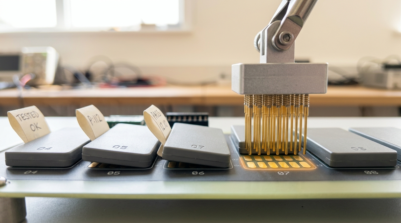 A pogo-pin test fixture descending toward one cartridge module's gold contact pads, its pins caught just short of touching, three already-tested cartridges displaced to one side