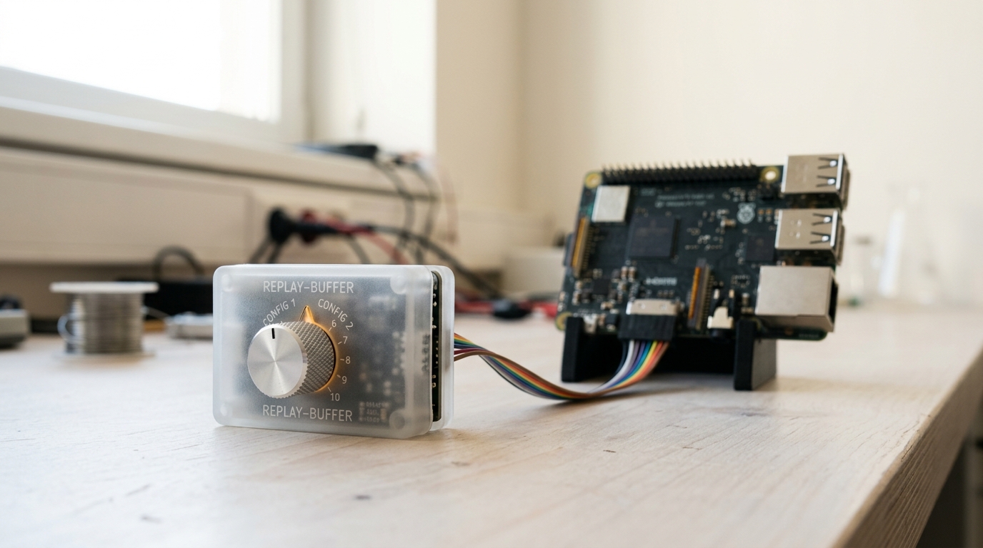 A small episodic replay-buffer module wired to a single-board device, an analogue regularisation dial on its face caught mid-turn between two marked settings