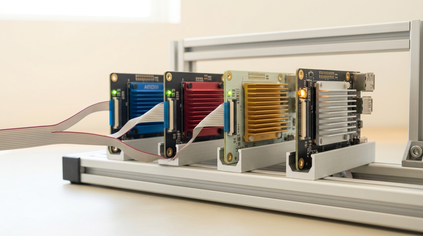 One ribbon cable forking into four visibly different small NPU carrier boards mounted side by side, one board's fault indicator freshly lit amber while its three neighbours read steady green from the same feed