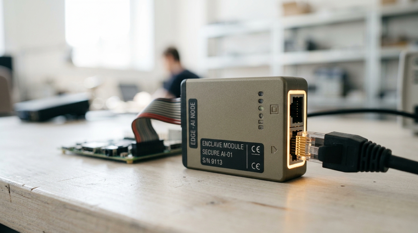 A small secure-enclave fine-tuning module on a bench, its network uplink connector caught half withdrawn from the module's jack while a separate short local link to a device board stays fully seated