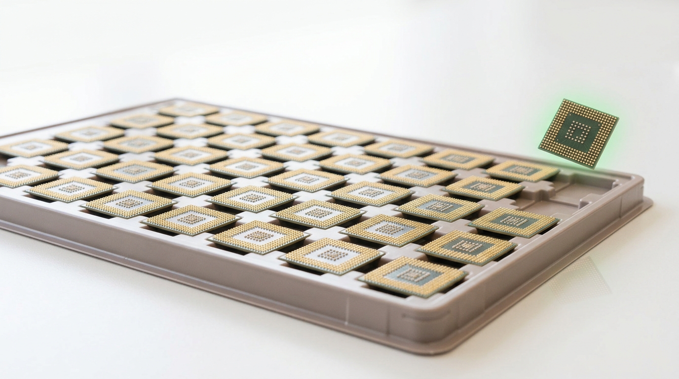A yield-sort tray in a bright fab holding one completed HBM stack on one side and, on the other, three plain unstacked consumer-grade DRAM dies still in their shipping tray, physically separated to show the capacity trade-off between them