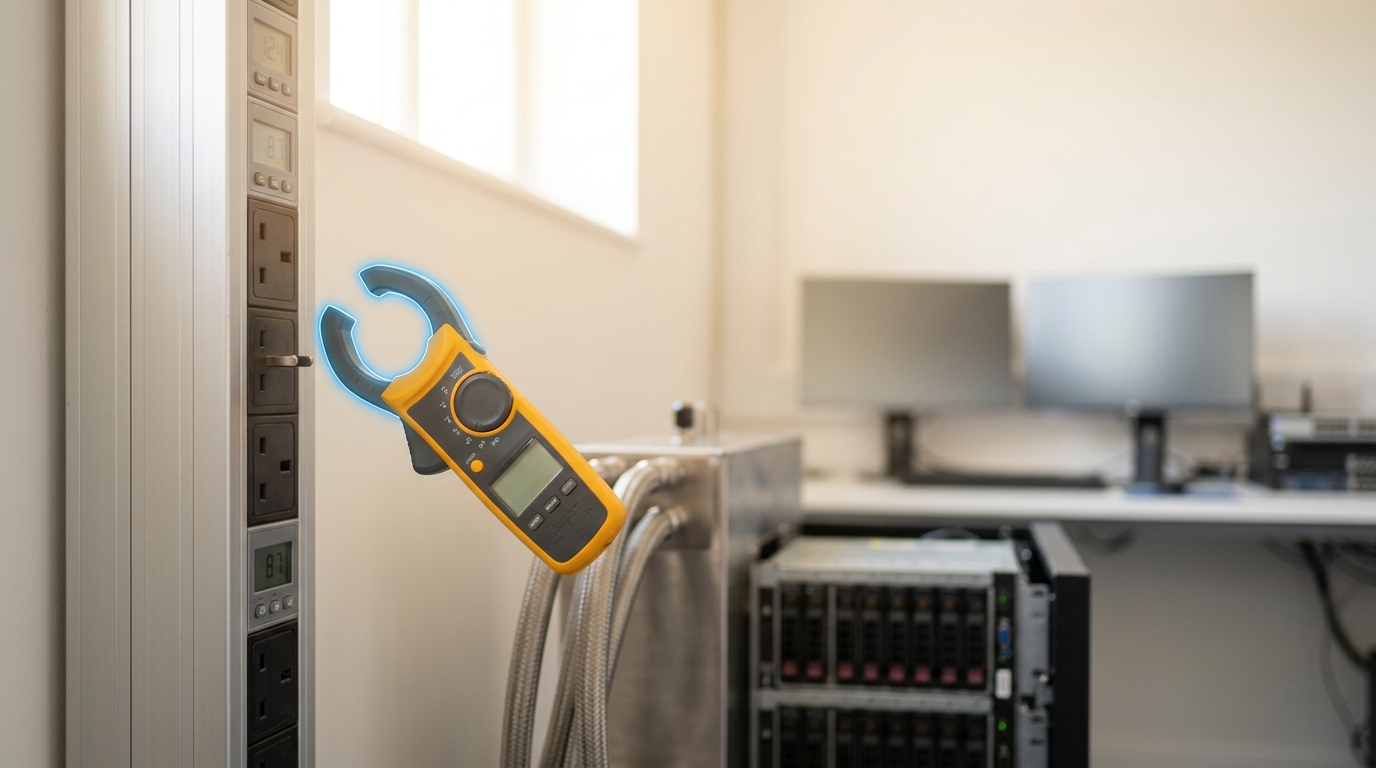 An embedding-ingest accelerator sled drawing through its own metered outlet, the outlet's meter face caught mid-climb as a batch of documents is processed into vectors
