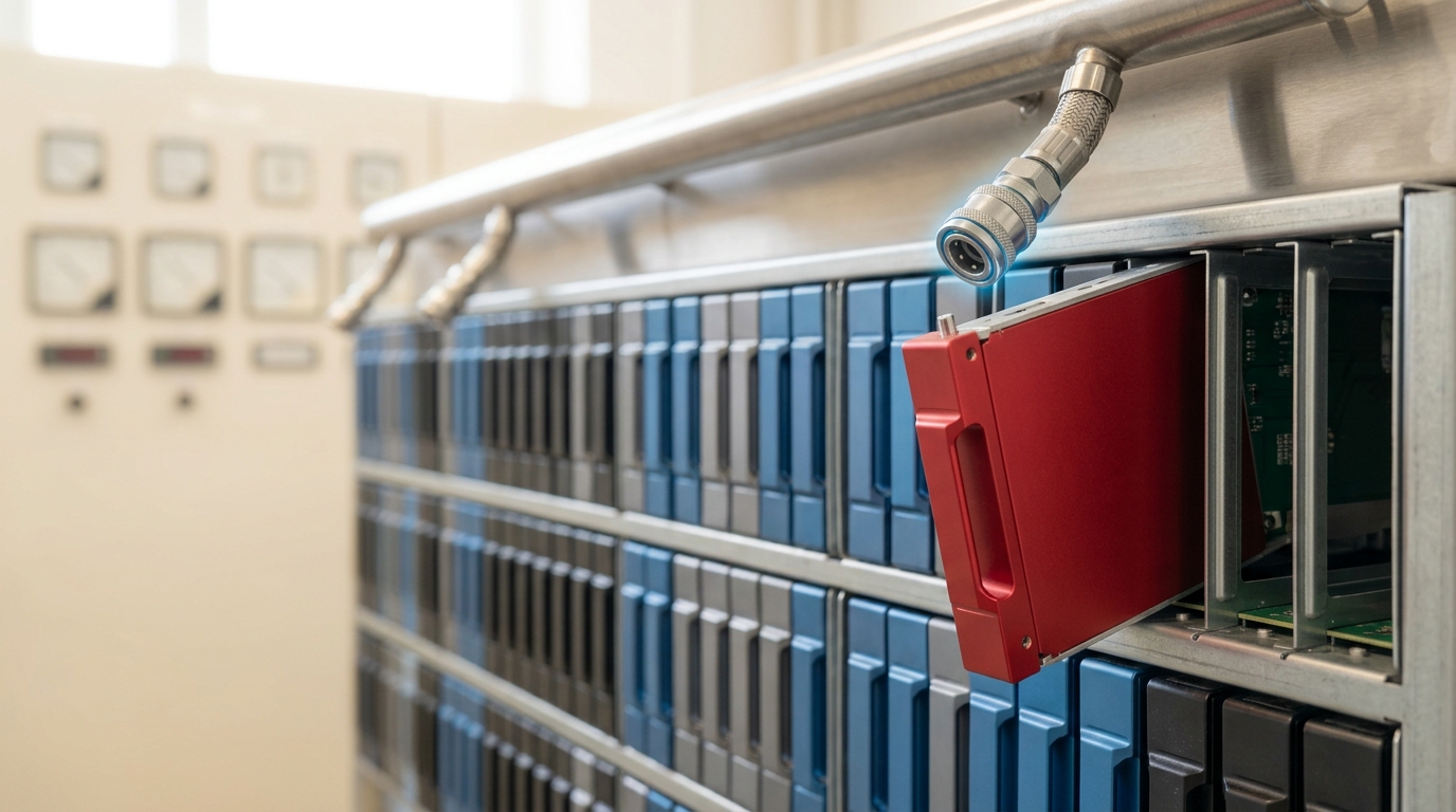 A stainless cooling manifold with quick-disconnect couplings feeding a storage array, one new drive caddy caught mid-insertion into a fresh bay as the array is extended