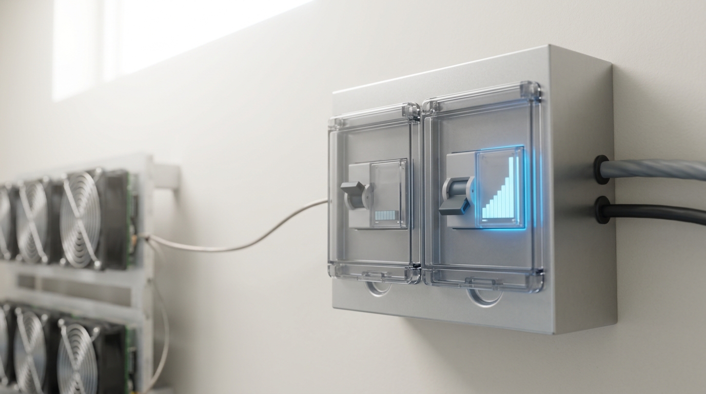 A small breaker panel with two branch circuits, one holding a low steady draw and the neighbouring one caught mid-throw taking a much larger load at once